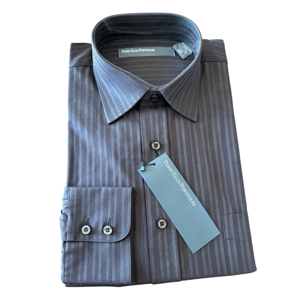 New Perry Ellis Men's M 100% Cotton Brown Striped Long Sleeve Button-Up Shirt